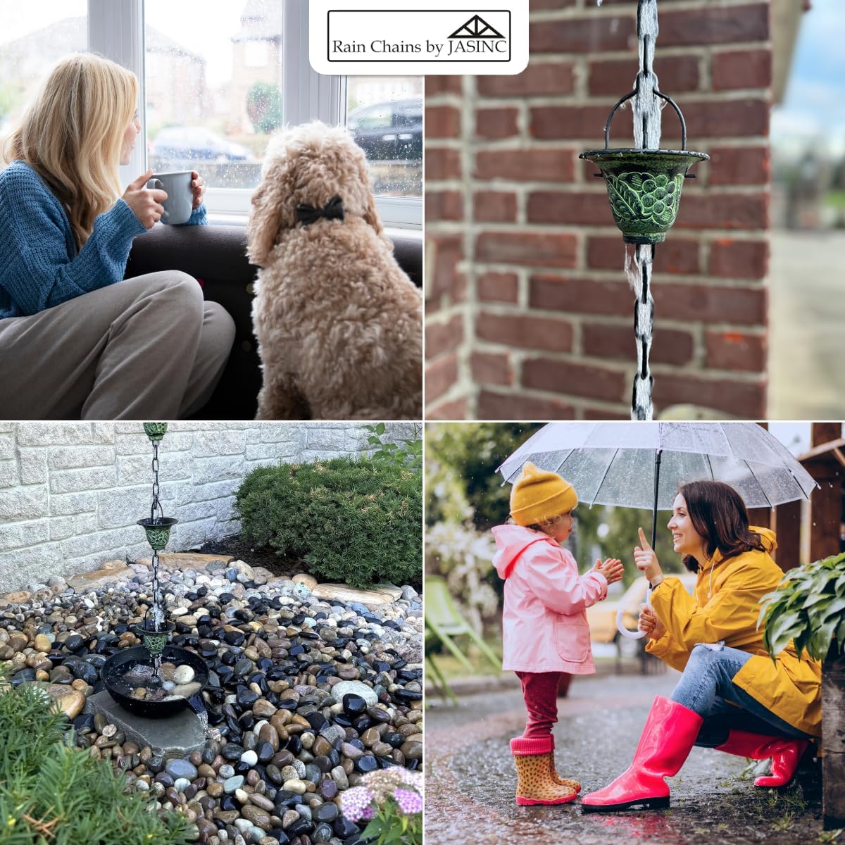 8.5 ft Grape Leaf Vineyard Cups Green Patina, to Replace Roof Gutter Downspout, with Installation Kit, Rainwater Catcher/Water Diverter, JAS8005GN