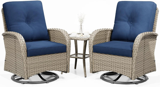 Joyside Outdoor Swivel Rocker Chairs, 3 Piece Wicker Patio Set with Thick Cushion and Side Table, Rattan Patio Swivel Rocking Chairs for Porch, Deck Use (Natural/Blue, 3 PCS)