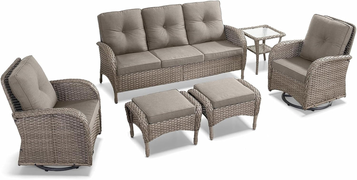 HUMMUH 6 Pieces Outdoor Patio Furniture-PE Rattan Wicker Sofa with Patio Swivel Rocking Chairs Patio Furniture for Deck Lawn Porch Balcony Poolside-Grey/Grey