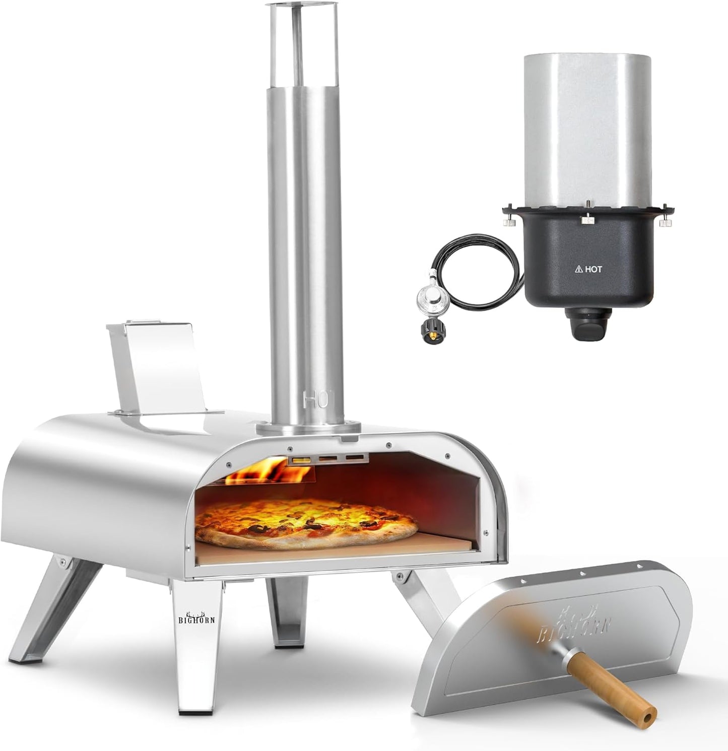 BIG HORN OUTDOORS 12" Multi-Fuel Pizza Oven, Portable Outdoor Pizza Oven, Wood Fired & Propane Gas, Pellet Pizza Maker with Pizza Stone