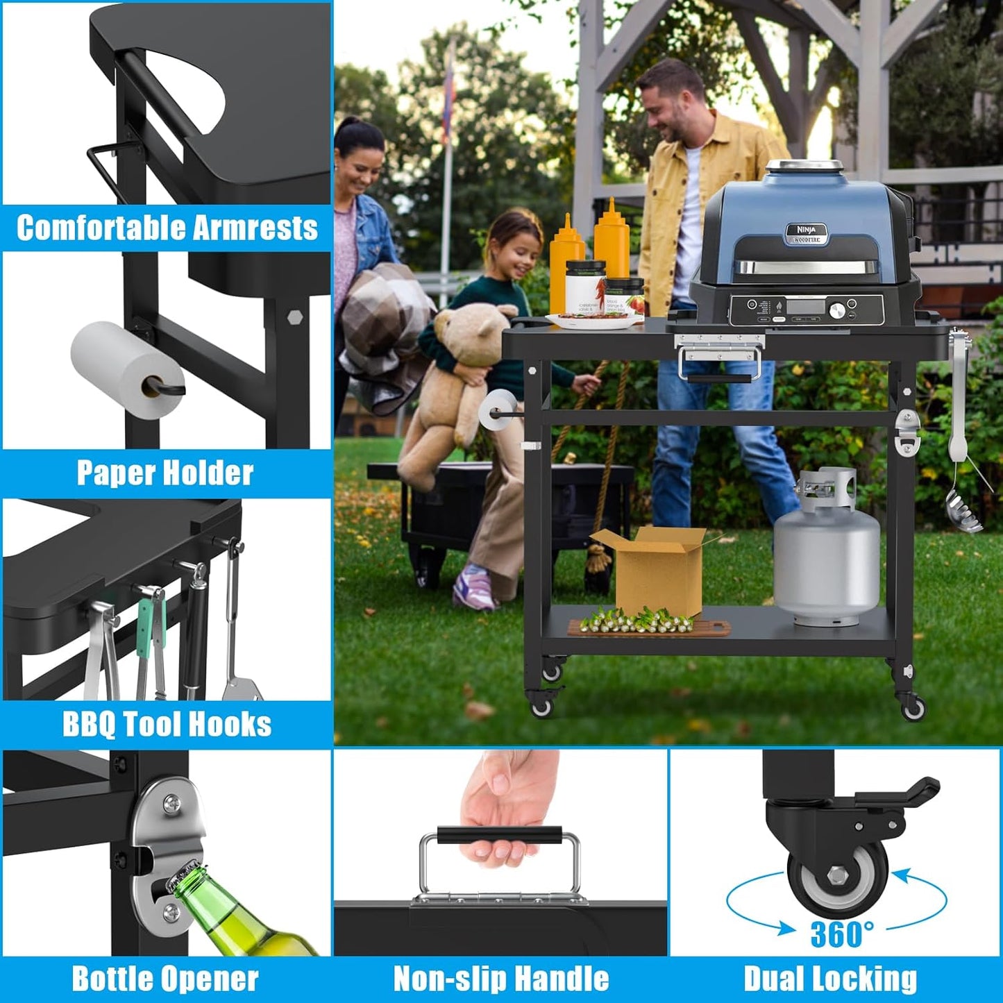 Grill Stand for Ninja Woodfire Outdoor Portable Prep Cart Table Station for Ninja XSKUNSTAND OG700 OG800 OG900 OO101 Series and Smoker Pizza Oven Accessories with Wheels & Grill Cover