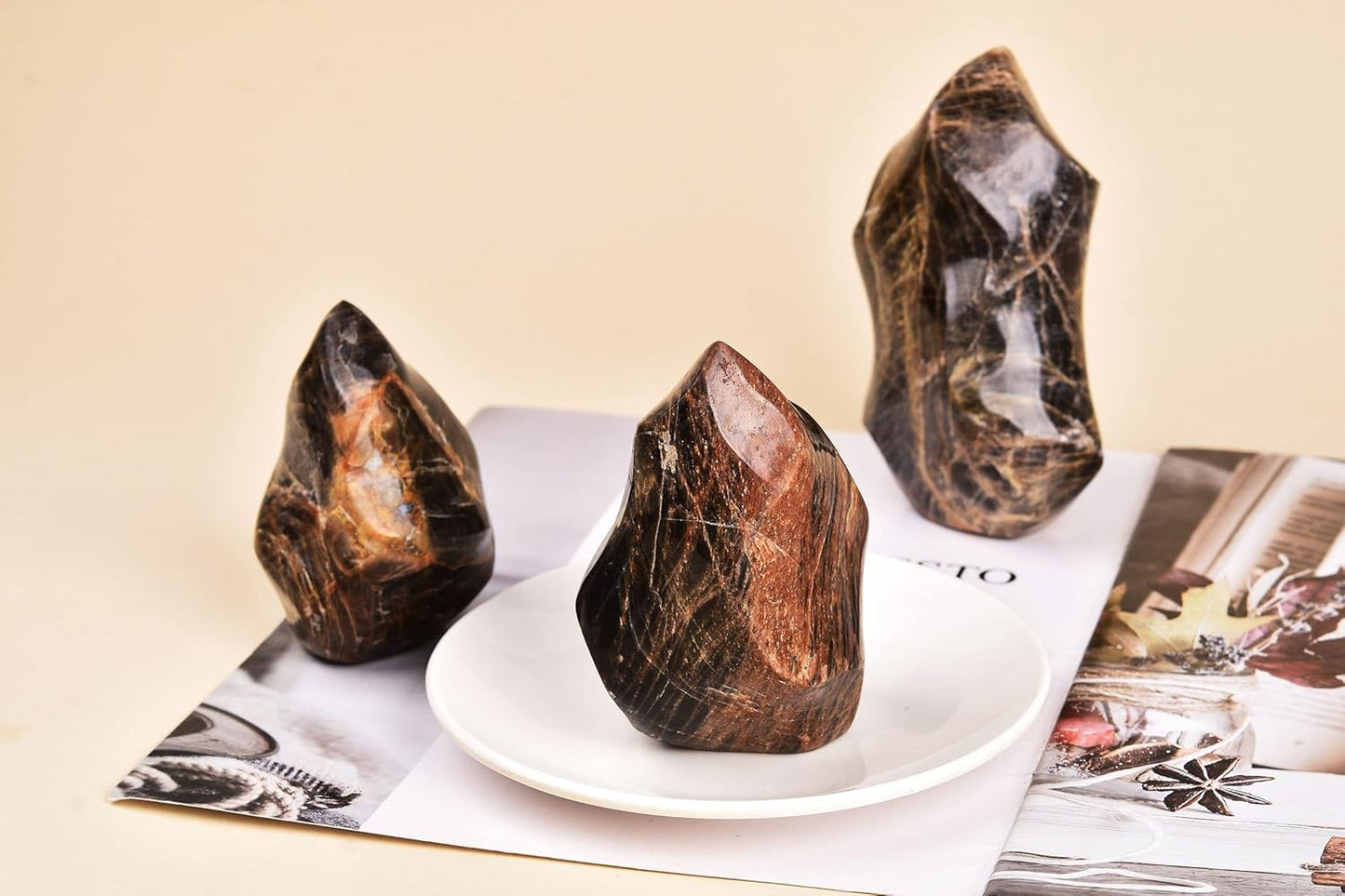 AMOYSTONE Black Moonstone Flame Shaped Towers Large Healing Crystal Stone Home Decor 0.6-1.0LBS