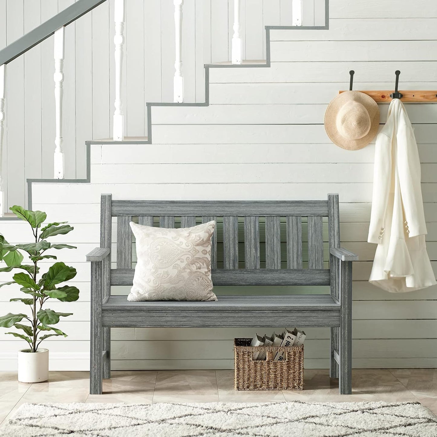 Outdoor Bench, 2-Person Garden Bench, Poly Lumber Patio Bench for Outdoors, Porch, and Park (Grey)