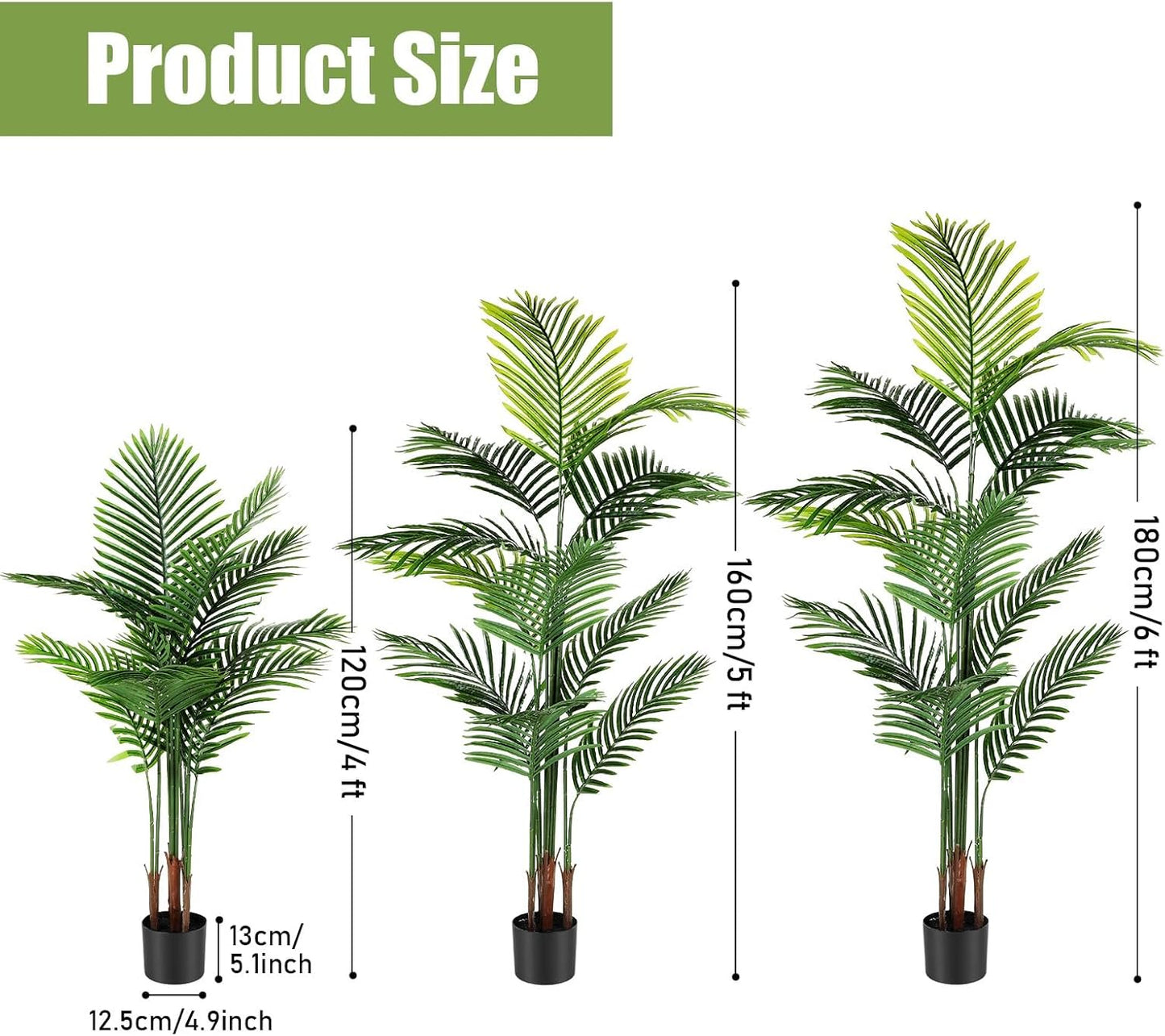 Jexine 3 Pack Artificial Areca Palm Plant Fake Palm Tree, Faux Plant for Home Decor Indoor Outdoor Faux Areca Palm Tree in Pot for Home Office Housewarming Gift Modern Decoration (4 Ft,5 Ft,6 ft)