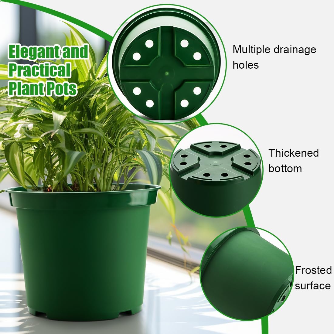 5 Gallon 12 Inch Plastic Nursery Pots, Plant Containers with Drainage Holes, Round Sturdy Garden Planters for Indoor/Outdoor Greenery, Gardening Gifts for Women (5-Pack, Green)