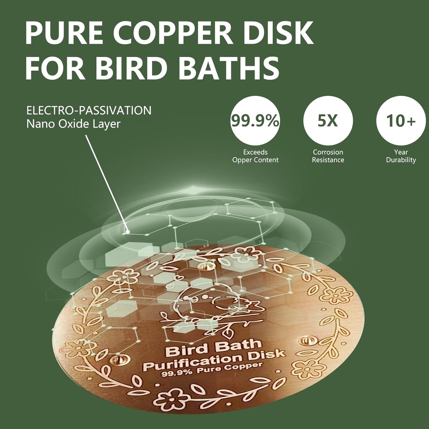 Bird Bath Copper Plate, 4 inches with 0.6mm Thickness, 99.99% Pure Copper Cleaning Plate Three Point Support,Offers Physical Safe Water Purification,Suitable for Outdoor Bird Bath (1 Pack)