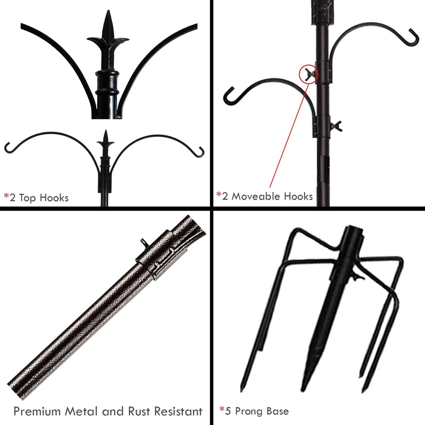 Premium Bird Feeding Station with 2 Bird Feeders Included for Outside - Multi Feeder Pole Stand Kit with 4 Hangers, Bird Bath and 5 Prong Base for Attracting Wild Birds - 22 Inch Wide x 91 Inch Tall