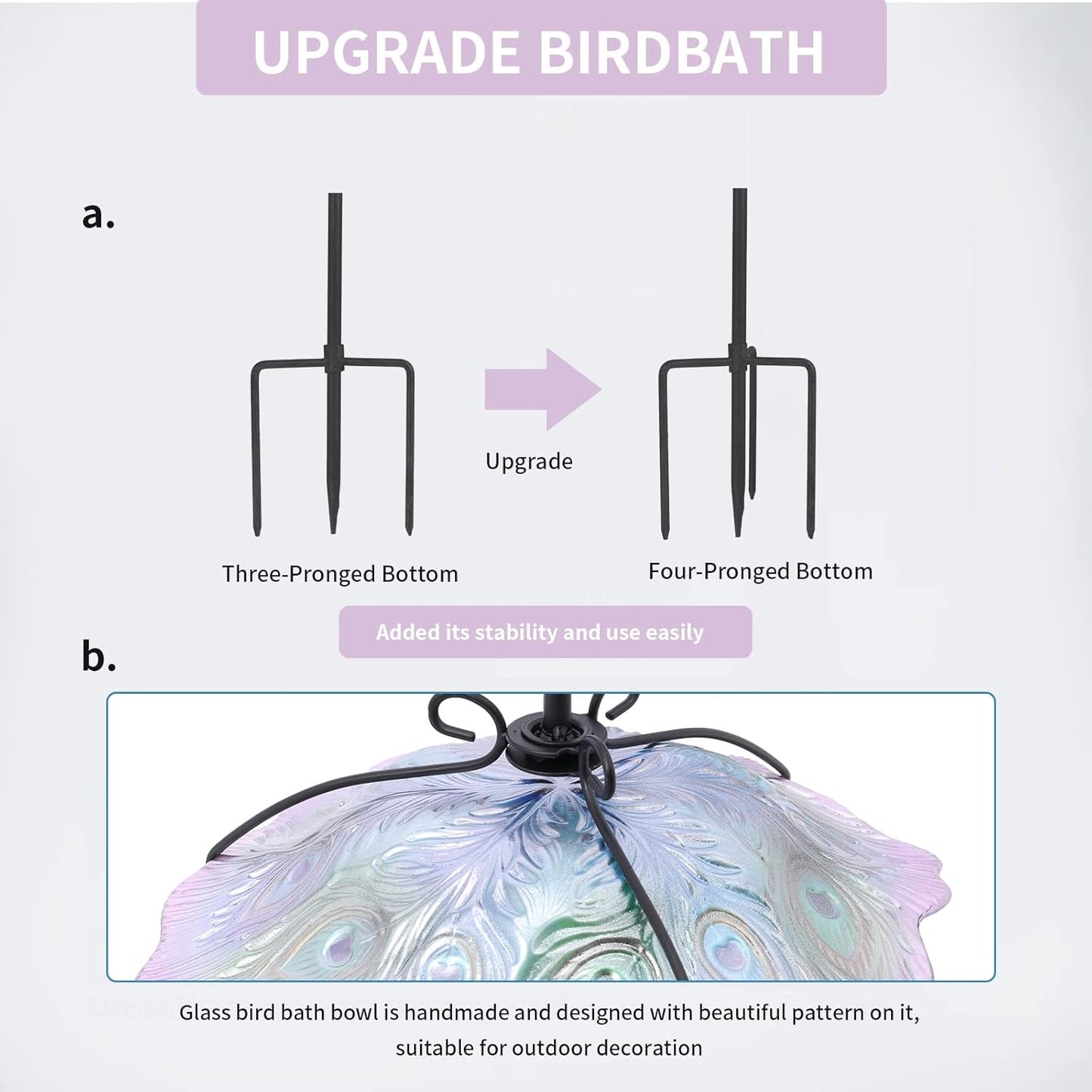 MUMTOP Glass Bird Bath, Garden Outdoor Birdbaths Birdfeeder with Metal Stake Peacock Bird Baths for Outside Yard