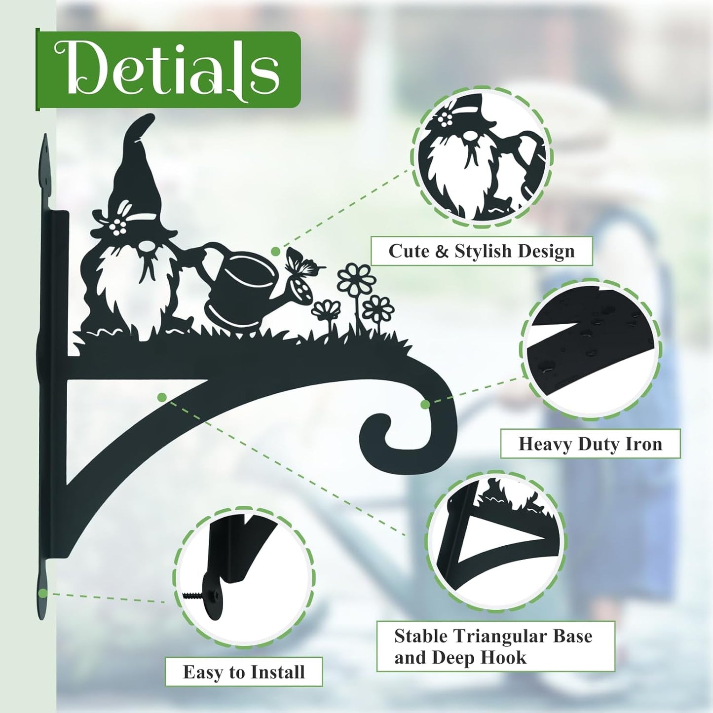 Hanging Plant Bracket Heavy Duty Iron Ornamental Gnome Silhouette Hanging Plant Hangers Outdoor 12 inch Hanging Basket Bracket Hook Wall Mounted for Flower Pot, Lantern, Bird Feeder, Wind Chimes