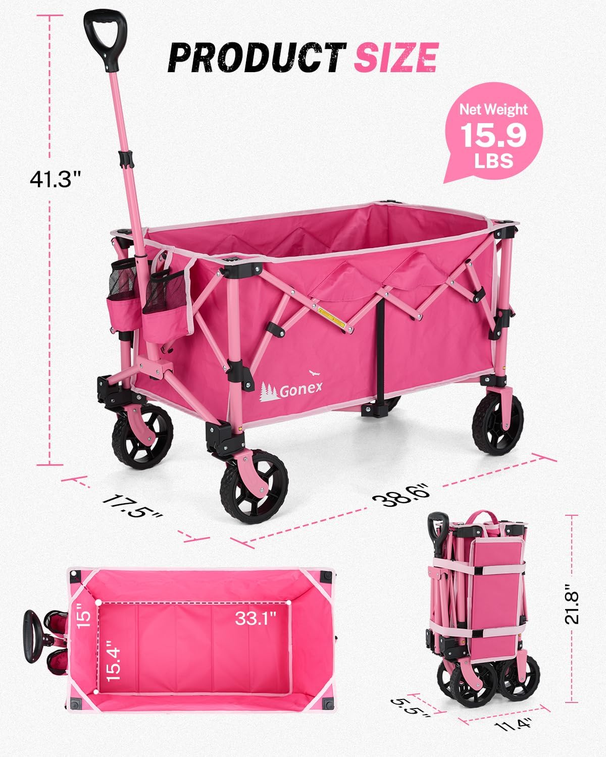 Gonex 38''L Extra Long Collapsible Foldable Wagon Cart with 360lbs Weight Capacity, 220L Folding Utility Garden Cart with Detachable Wheels for Grocery Sports Shopping Camping - Pink