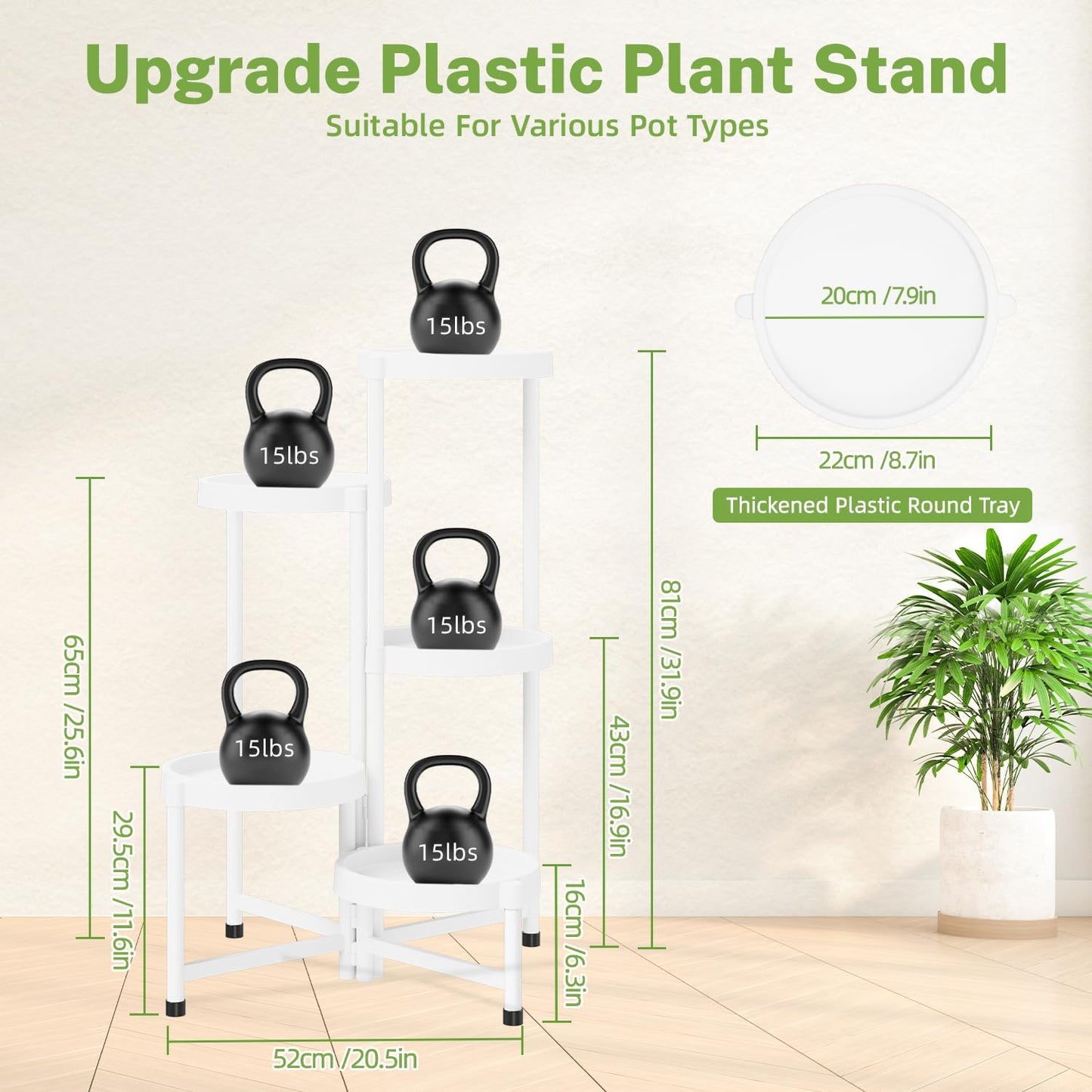 iDavosic.ly 5 Tier Folding Plant Stand Indoor Outdoor with Plastic Tray, Tiered Corner Flower Holder Shelf, Metal Orchid Display Rack for Patio Porch Living Room Garden Balcony, White