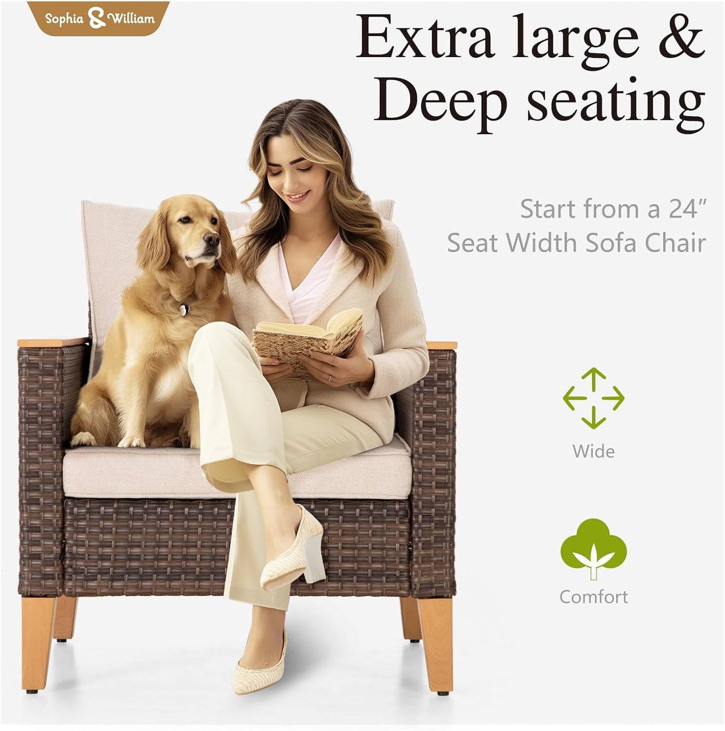 Sophia & William Outdoor Patio Sectional Sofa Set 2 Seats High Back Single Wicker Patio Furniture Chairs All-Weather Patio Conversation Set Outdoor Couch with 4" Thick Cushions, Beige