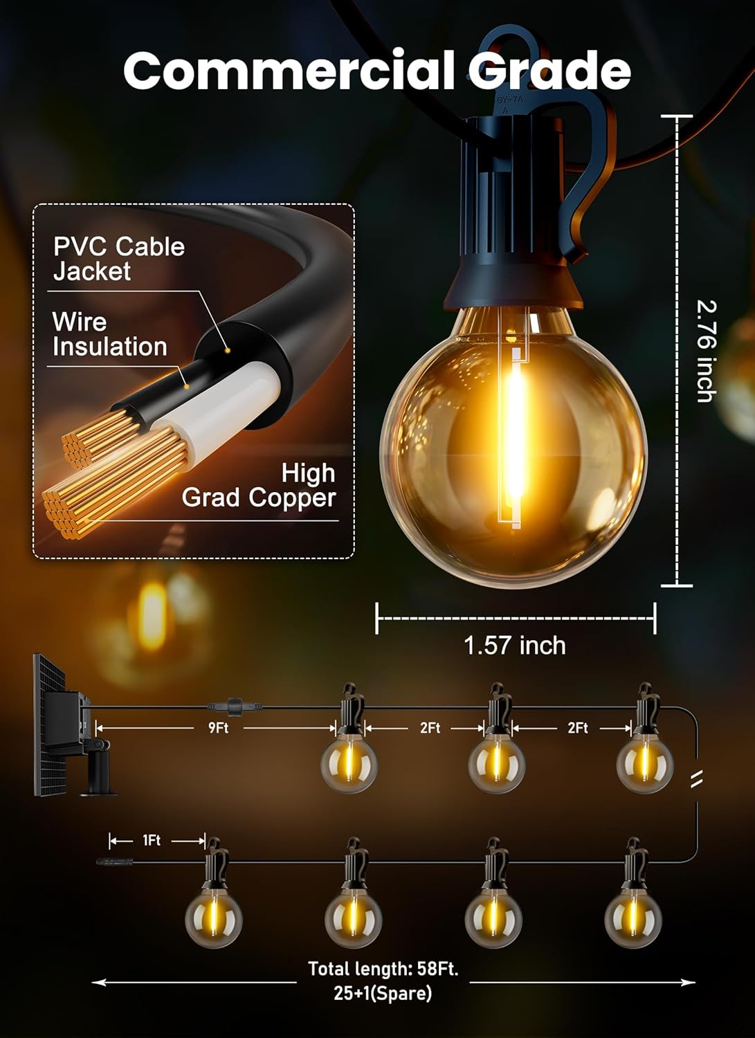 Brightown 58FT Solar String Lights Outdoor with Remote and 26 LED Shatterproof Bulbs, Dimmable & Timable, 3 Light Modes, Solar Patio String Lights Outdoor for Cafe, Garden, Deck, Outside Wedding