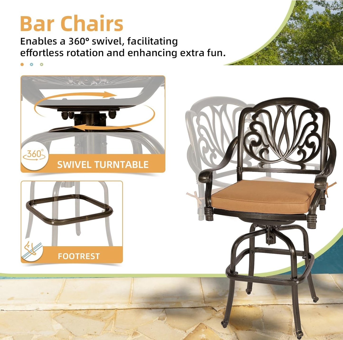 3 Pieces Patio Swivel Bar Set, Patio High Top Bar Table and Chairs Set, All-Weather Cast Aluminum High Swivel Bar Stools Chair Set of 2 and 38.5" Table, Patio Bistro Set for Garden,Balcony