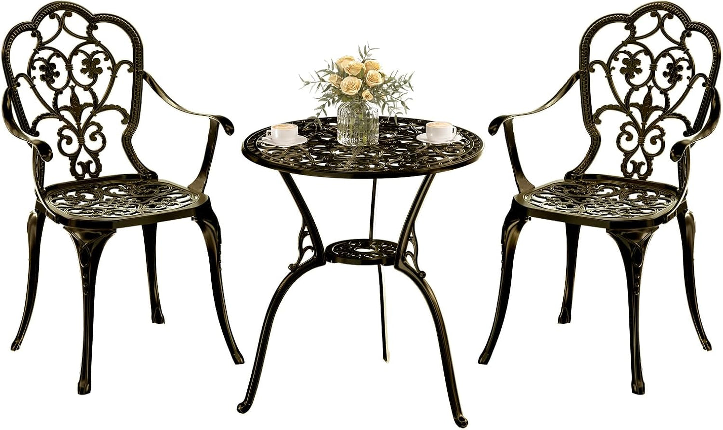 Patio Bistro Set of 2, Cast Aluminum, Outdoor Set w/Umbrella Hole, 3 Piece Table and Chairs Set, Bistro Set for Backyard/Garden/Lawn, Golden Bronze