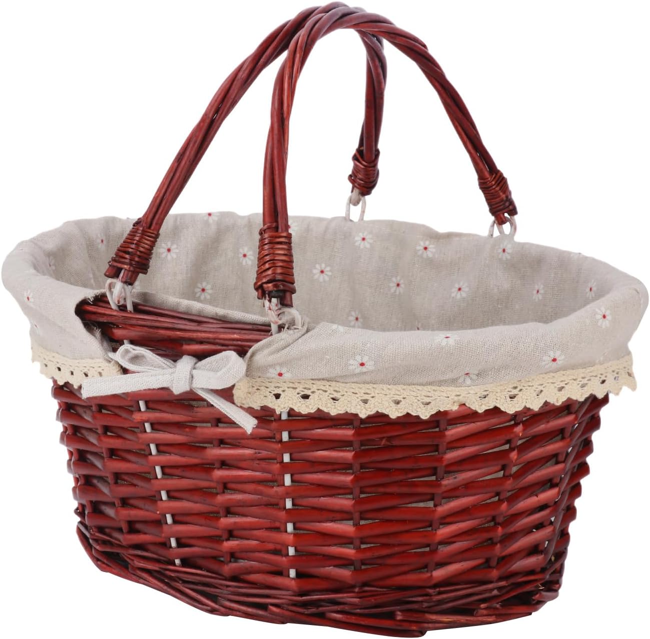 Brown Wicker Basket with Linen Lining, 14 Inch Large Wicker Woven Picnic Basket with Handle for Picnic, Camping, Outdoor Party