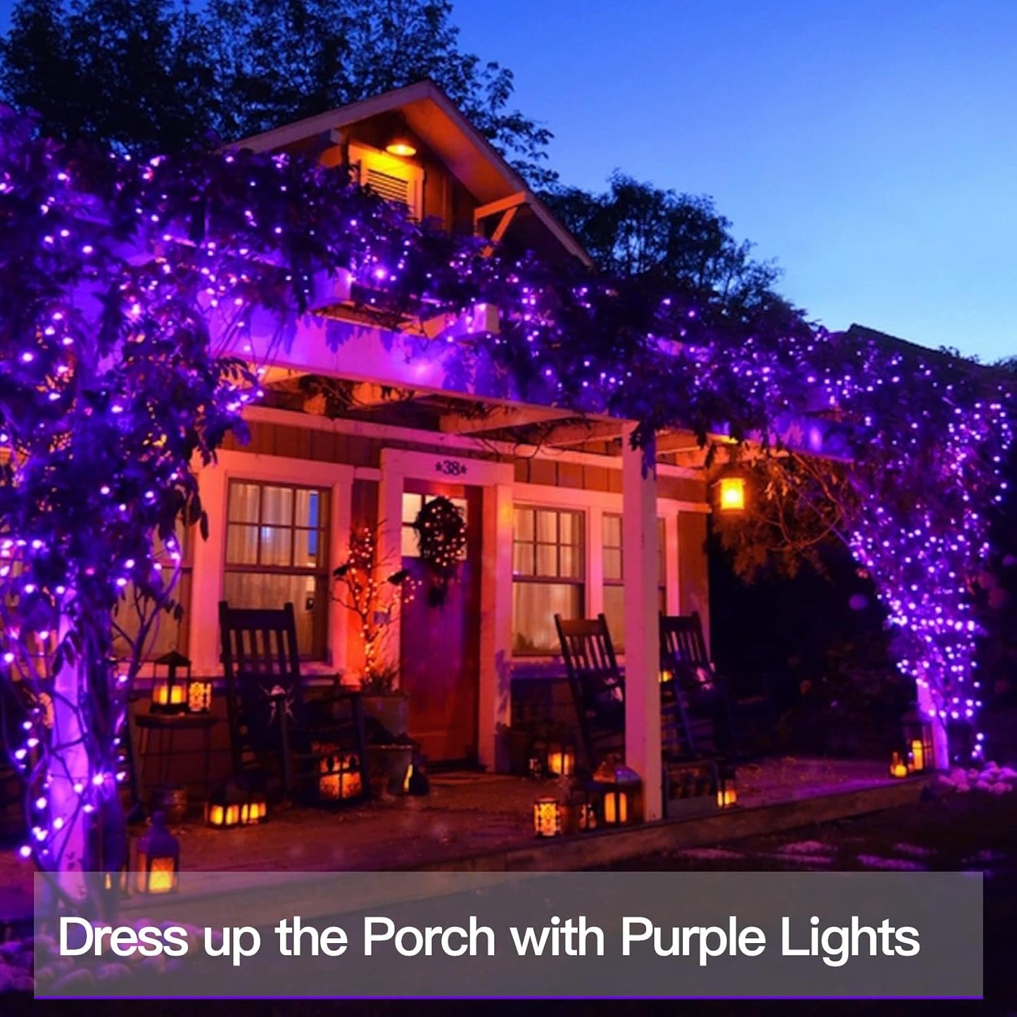 suddus Halloween String Lights Solar Powered, 2 Pack Total 66ft 200 LED Purple Solar Light Outdoor Waterproof, 8 Modes Purple Halloween Lights for Porch Tree Garden Patio Yard Party Decorations