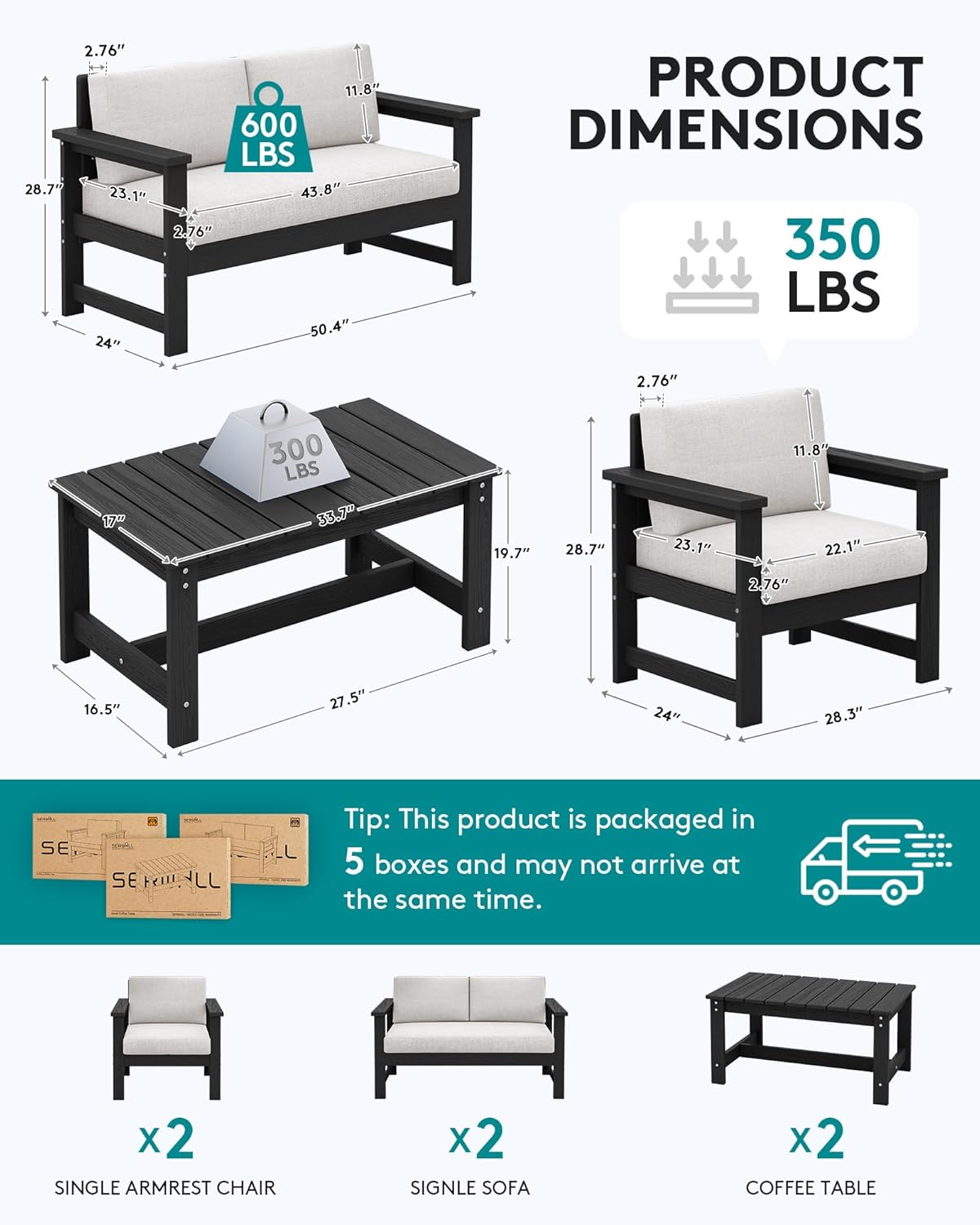SERWALL 6 Pieces HDPE Outdoor Sofa Set with Cushions, Outdoor Conversation Couch Loveseat Furniture Set with Coffee Table for Balcony, Deck, Poolside, Black Frame with Khaki Cushions