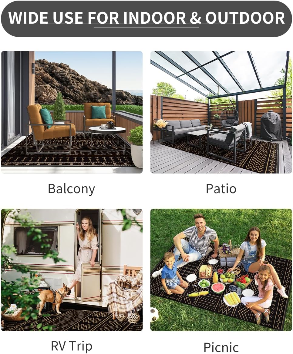 Outdoor Rug Carpet Waterproof 6x9 ft Patio Rug Mat Indoor Outdoor Area Rug for RV Camping Picnic Reversible Lightweight Plastic Straw Outside Rug for Patio Decor Decoration Boho Rug Black Brown