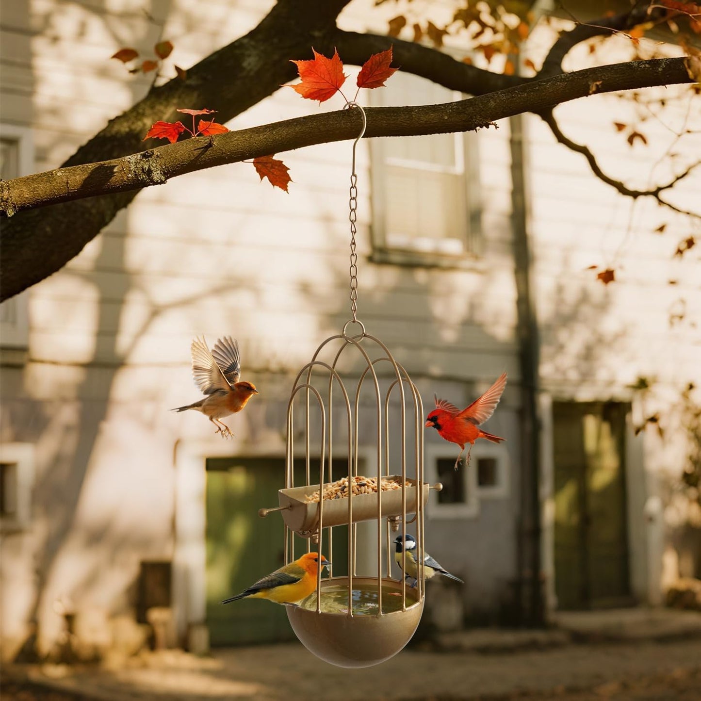 Haing Bird Feeder for Wild Birds, Metal Birdbath for Outdoods Garden Outside (Golden)