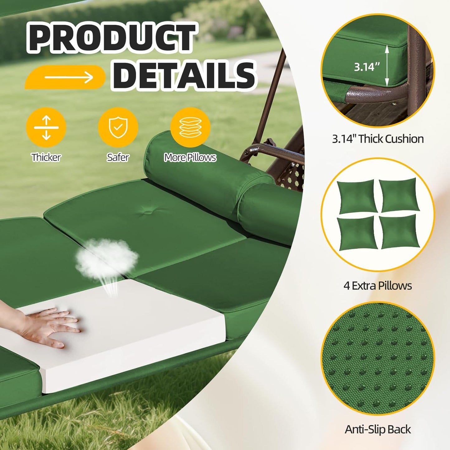 3-seat Patio Swing with Canopy,Convertible Outdoor Swing Bed with Thick Cushions, Pillows & Cup Holders, 3-Seat Outdoor Swings Chair for Backyard, Garden, Deck(Green)