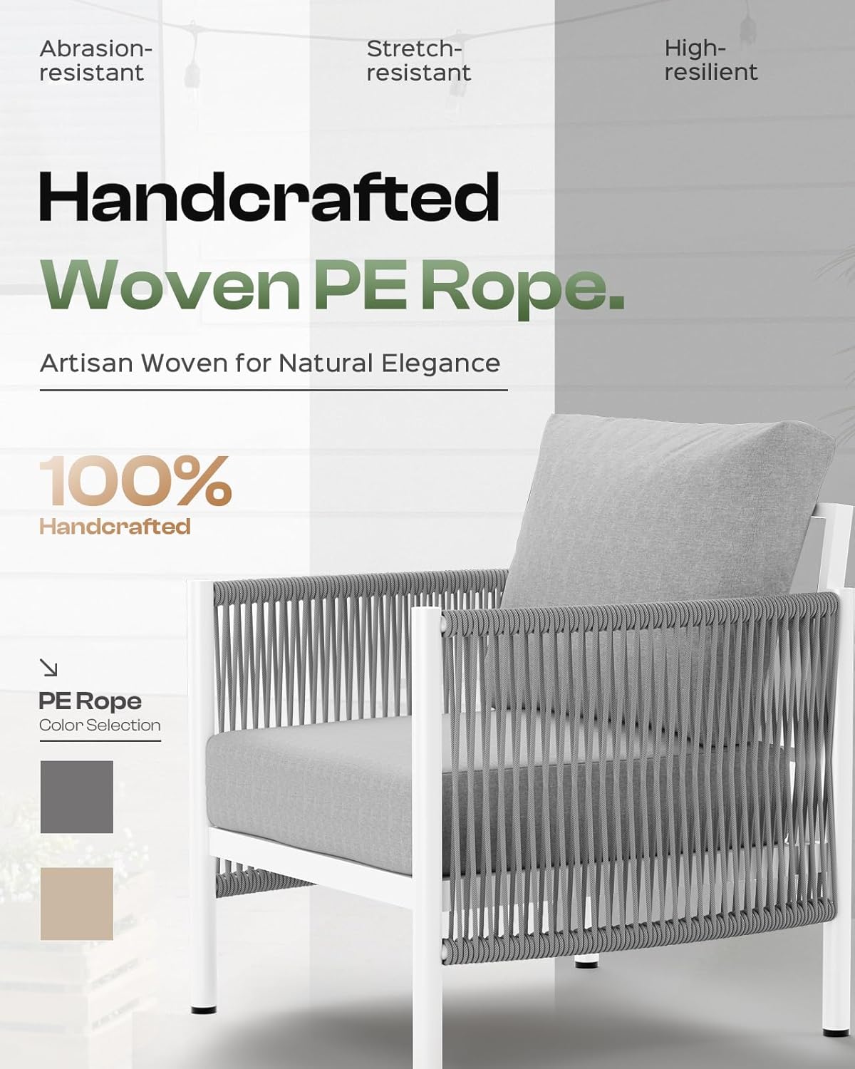 Aluminum Outdoor Patio Couch Loveseat, HDPE Rope Patio Sofa with Washable Thick Cushion, All-Weather Patio Furniture for Balcony, Yard, White Frame, White