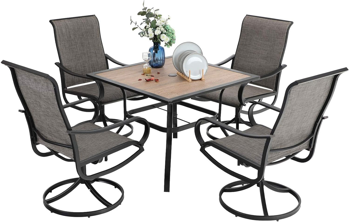 PHI VILLA 5 Piece Outdoor Patio Dining Set, Patio Table & Chair Set Clearance for 4 Person, 4 Swivel Dining Chairs & 1 Square Patio Table(1.57" Hole) for Lawn Garden Poolside
