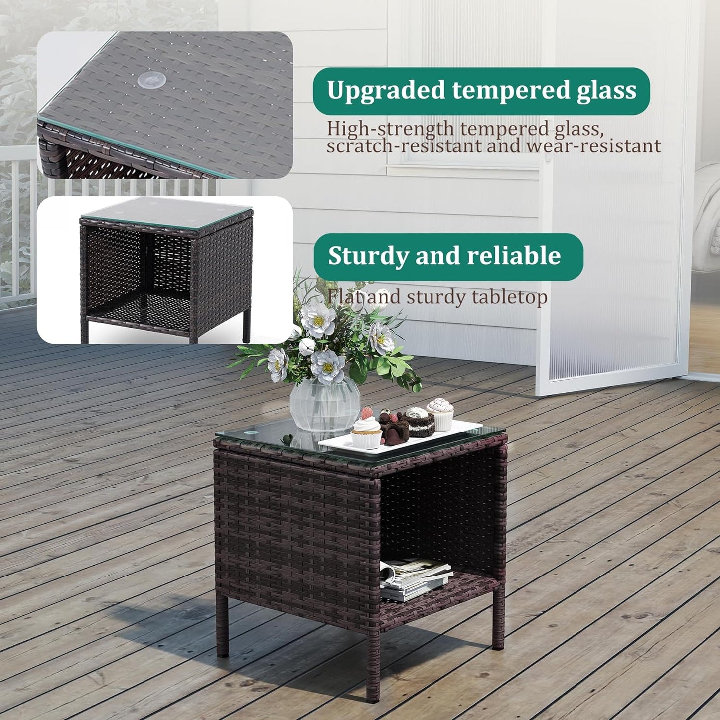 3 Piece Patio Furniture Set - Outdoor Conversation Sets with Coffee Table, Rattan Chair Set for Garden/Poolside, Brown/Grey