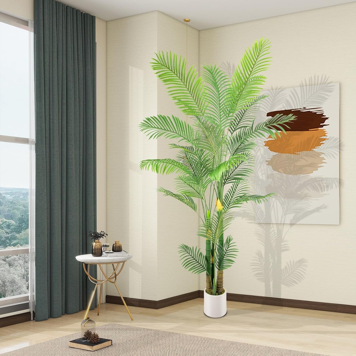 Artificial Fake Palm Tree 8FT 1Pack with White Planter & Free Moss, UV Resistant Artificial Palm Tree for Outdoors, Fake Plants for Poolside Home Room Decor, Faux Plants Outdoor Decor