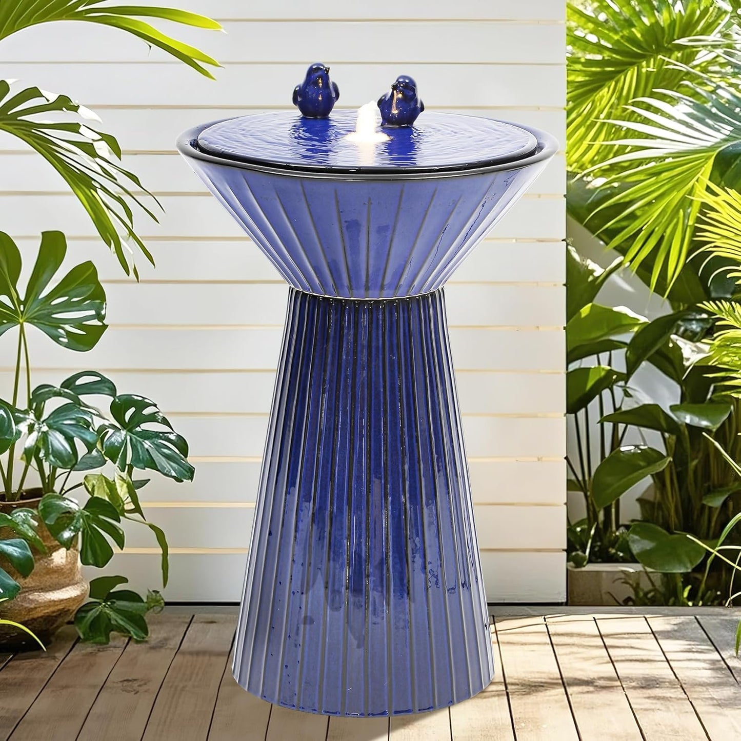Autodaya 28" H Ceramic Birdbath Outdoor Fountain with LED Lights, Bird Accents & Fluted Texture, Bubbling Water Feature for Garden, Patio, Yard or Porch – Creates a Tranquil Oasis for Relaxation.