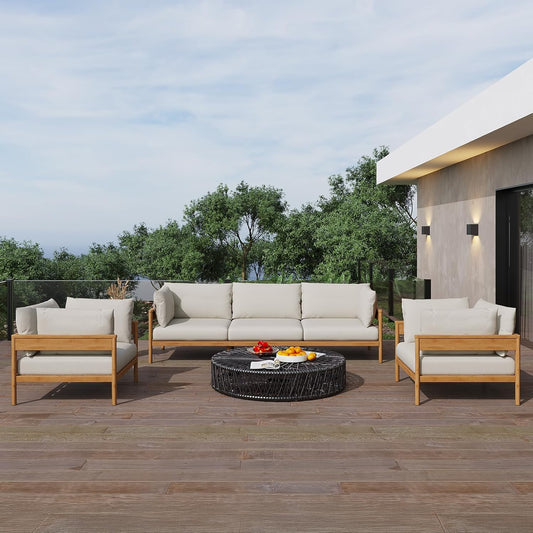 Acanva Modern Outdoor Patio Furniture Set, All-Weather Aluminium Conversation Sectional Sofa with Thick Cushions for Backyard, Garden, Porch, Couch + 2 x Armchairs, Beige