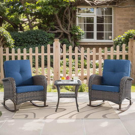 HUMMUH 3-Piece Outdoor Rocking Chairs,All-Weather PE Wicker Patio Rocker Chairs Bistro Set with Side Table,Porch Balcony Furniture with Cushions