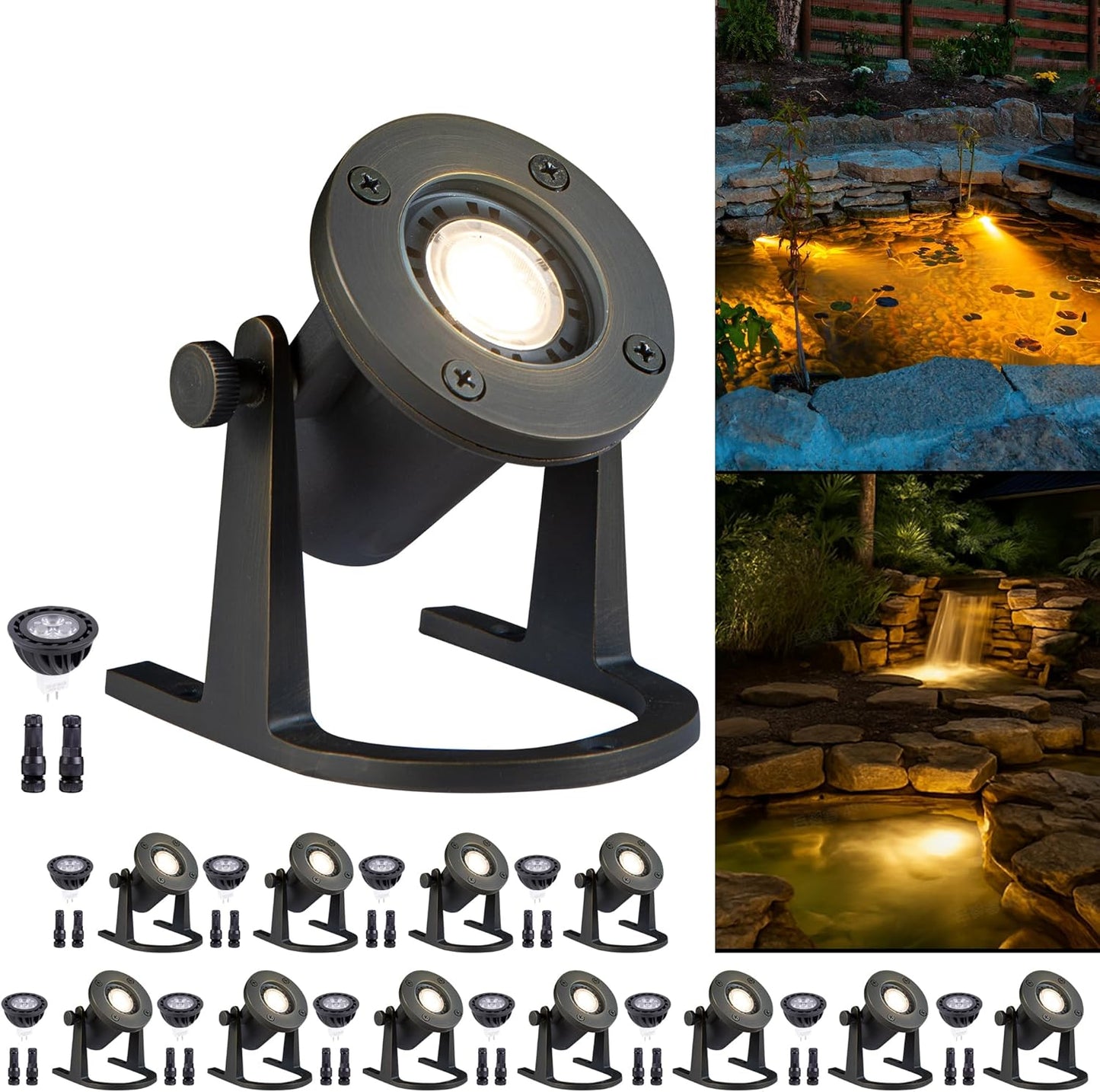 Solid Brass Underwater Pond Light - 12V Low Voltage IP68 Submersible Bronze Fixture, with 3000K MR16 LED for Outdoor Pond Fountain Waterfall Landscape Lighting(12 Pack)
