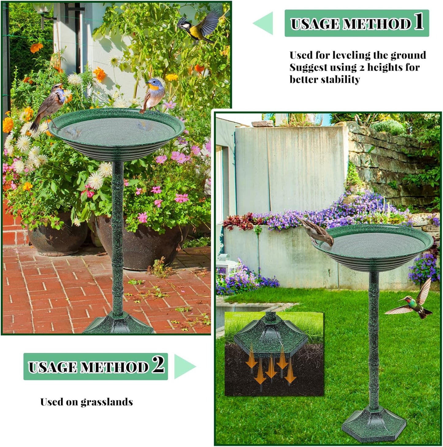 Bird Bath for Outside with Pedestal, Vintage Freestanding Garden Metal Birdbaths & Birdfeeder, Birdbaths Bowl Bird Baths for Outdoors Yard Garden Lawn Decor, Upgrade Dual-use Base (Dark Green)