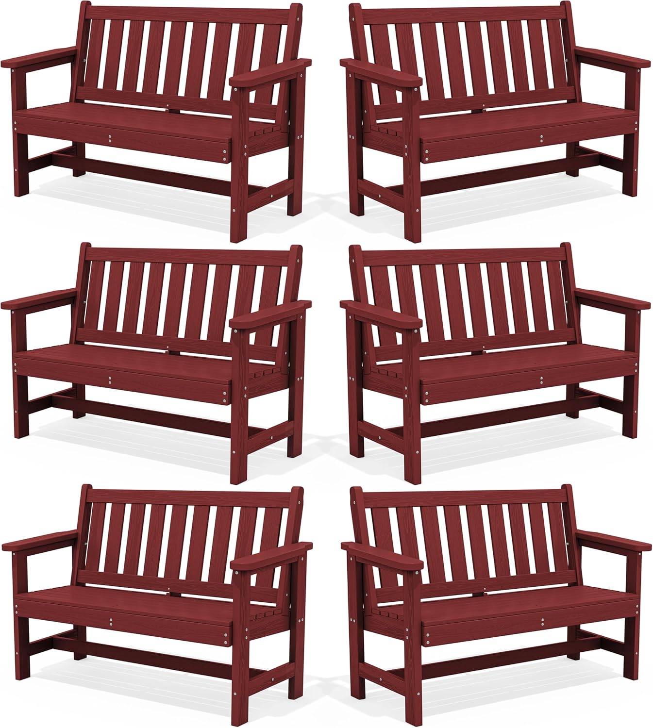 SERWALL Outdoor Bench, HDPE Outdoor Benches Weatherproof, 2-Person Garden Bench with 660 lbs Weight Capacity, Patio Benches for Outdoors, Garden, Porch, Backyard and Park, Red, 6 Pack
