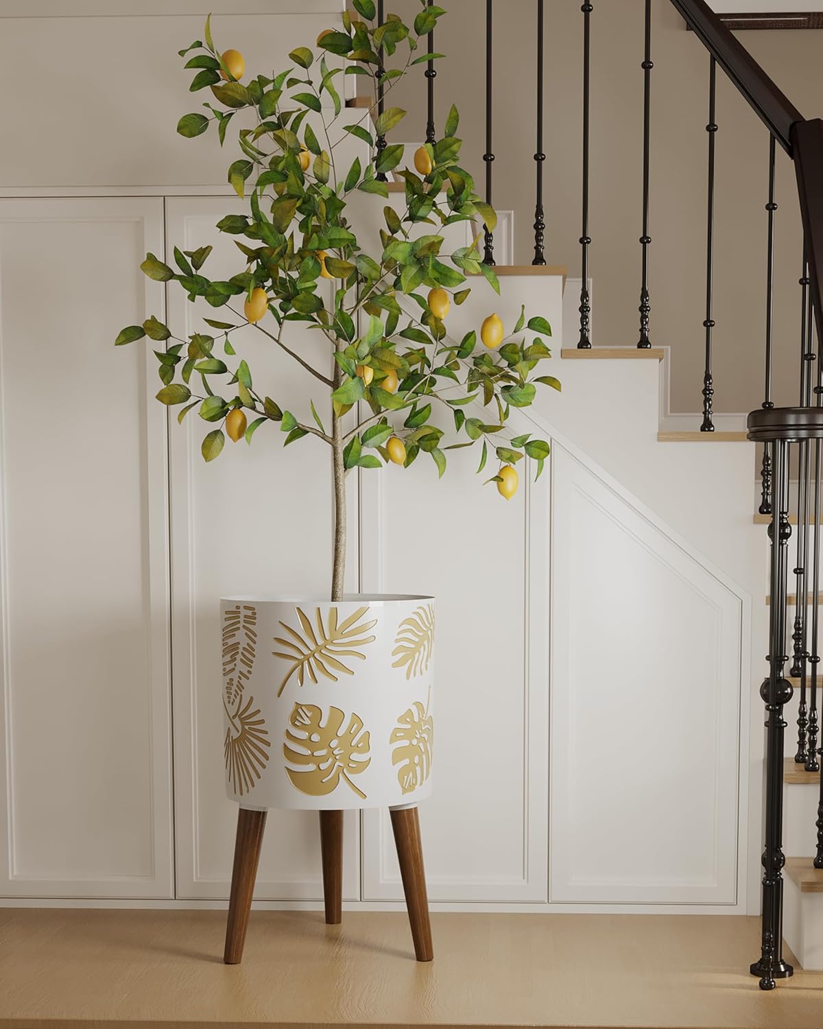 12 Inch Planter for Indoor Plant, Plant Pot with Stand Plants with Stand, Large Planters for Indoor Plants,Flower Pot with Drainage Holes for Outdoor,White and Gold