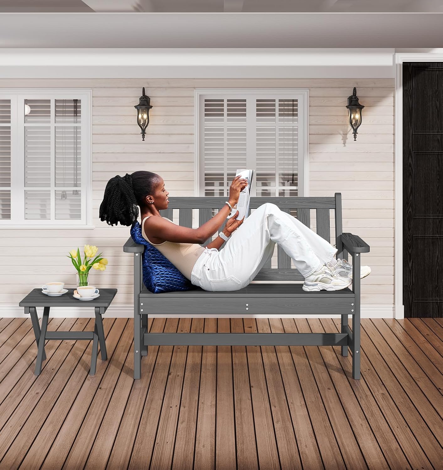 SERWALL Outdoor Bench, HDPE Outdoor Benches Weatherproof, 2-Person Garden Bench with 660 lbs Weight Capacity, Patio Benches for Outdoors, Garden, Porch, Backyard and Park, Grey