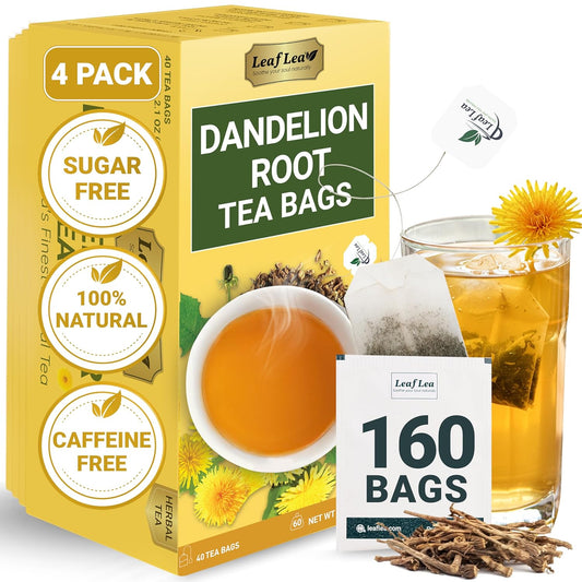 LeafLea Dandelion Root Tea Bags, 160 Dandelion Tea Bags Promotes Healthy Digestion & Immune Function, Herbal Tea from Pure Roasted Dandelion Root, Caffeine-Free, Vegan, Gluten-Free, No Sugar, 4 Pack