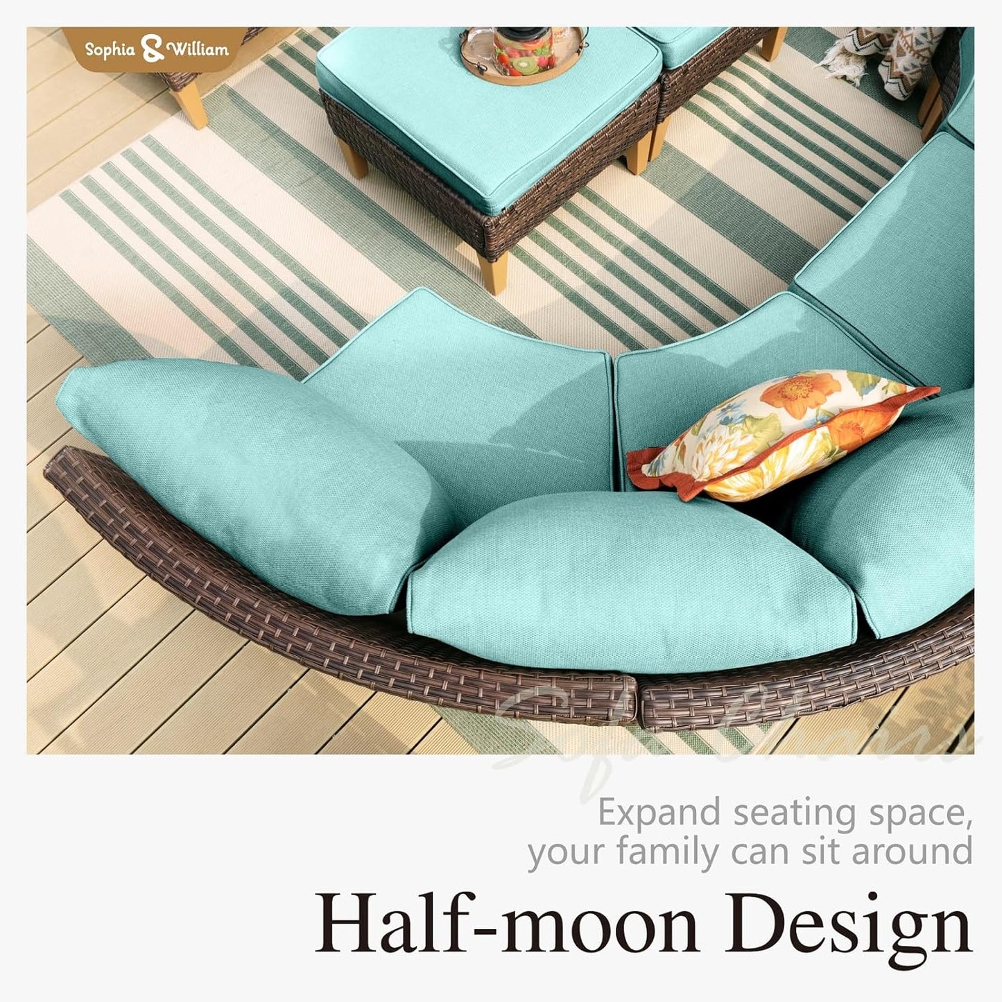 Sophia & William Outdoor Wicker Sectional Sofa Set, 9 Piece Half Moon Curved Patio Furniture Modern Outdoor Couch Conversation Set with Ottoman for Backyard, Pool, Garden(Aqua Blue)