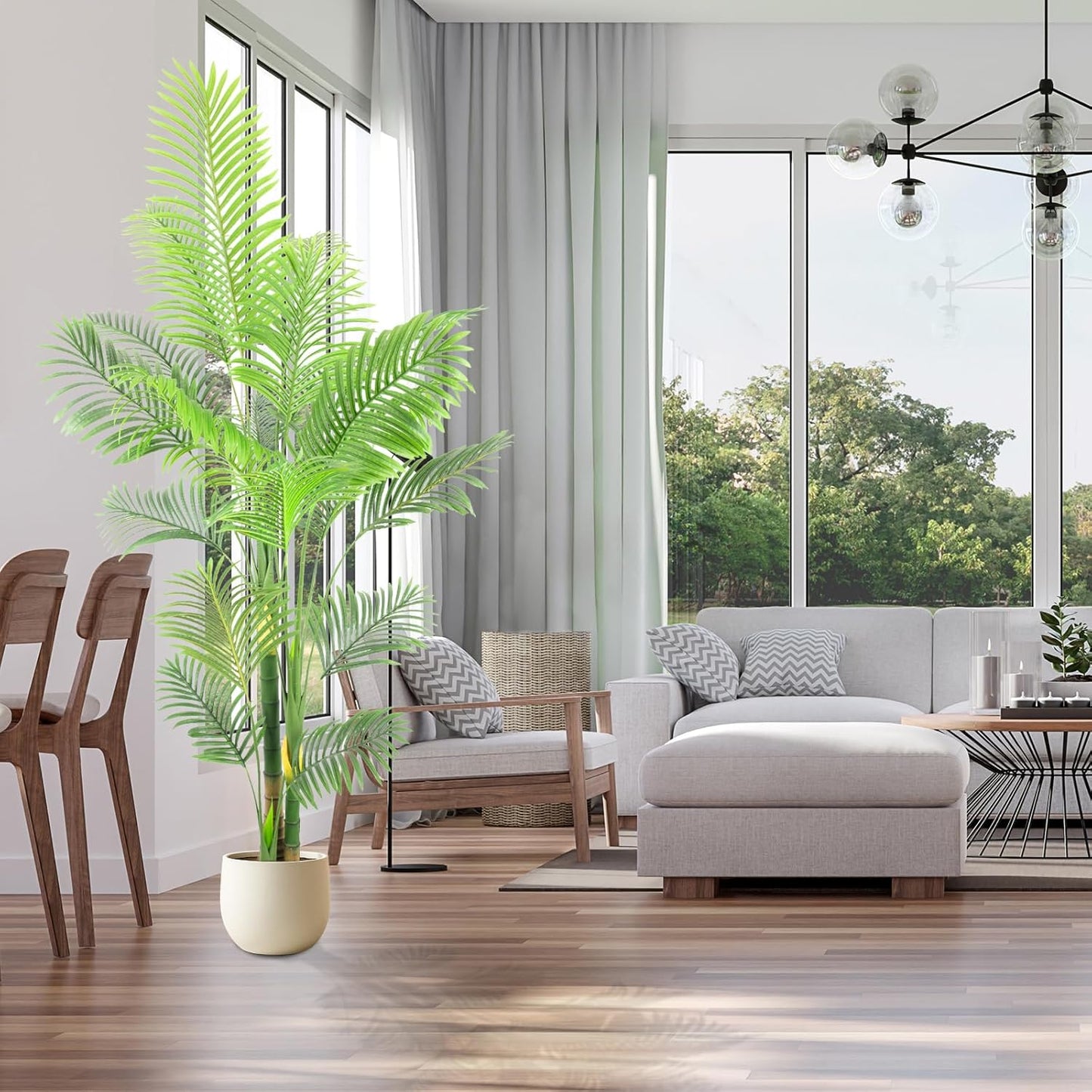 Artificial Fake Palm Tree 7FT 1Pack with White Planter & Free Moss, UV Resistant Artificial Palm Tree for Outdoors, Fake Plants for Poolside Home Room Decor, Faux Plants Outdoor Decor