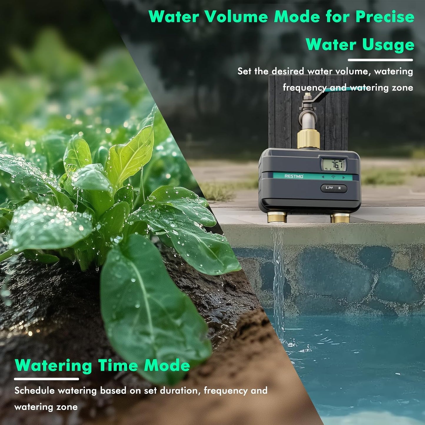 RESTMO Smart Sprinkler Timer with Flow Meter, 2 Zone Water Timer for Garden Hose, Brass Inlet & Outlet, Automatic Lawn & Yard Irrigation Watering System, APP Remote Control (2.4Ghz WiFi Connection)