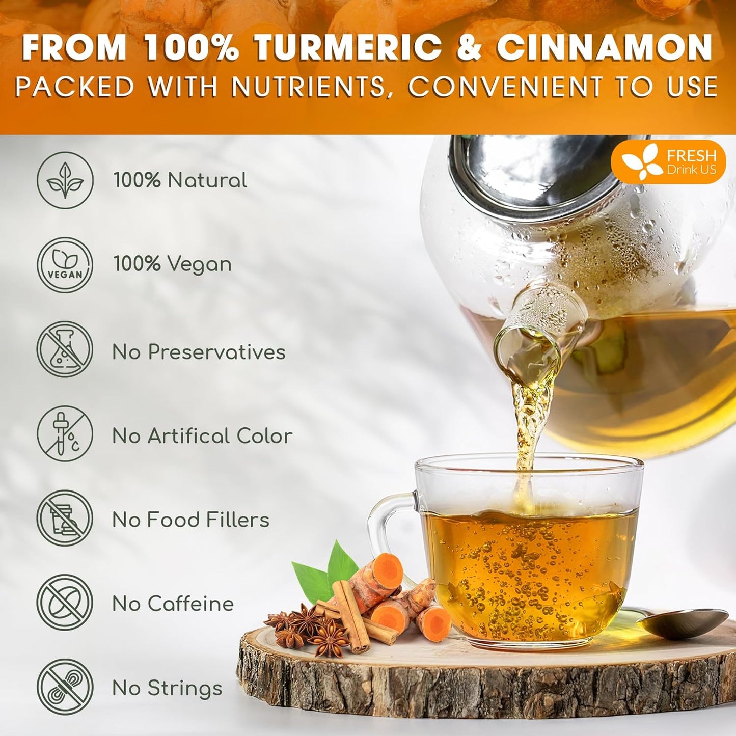 FreshDrinkUS, Premium 135 Turmeric Cinnamon Tea Bags, 100% Natural, Blend of Turmeric, and Cinnamon. Made with Natural Material Tea Bags. No Sugar. No Caffeine. Vegan.