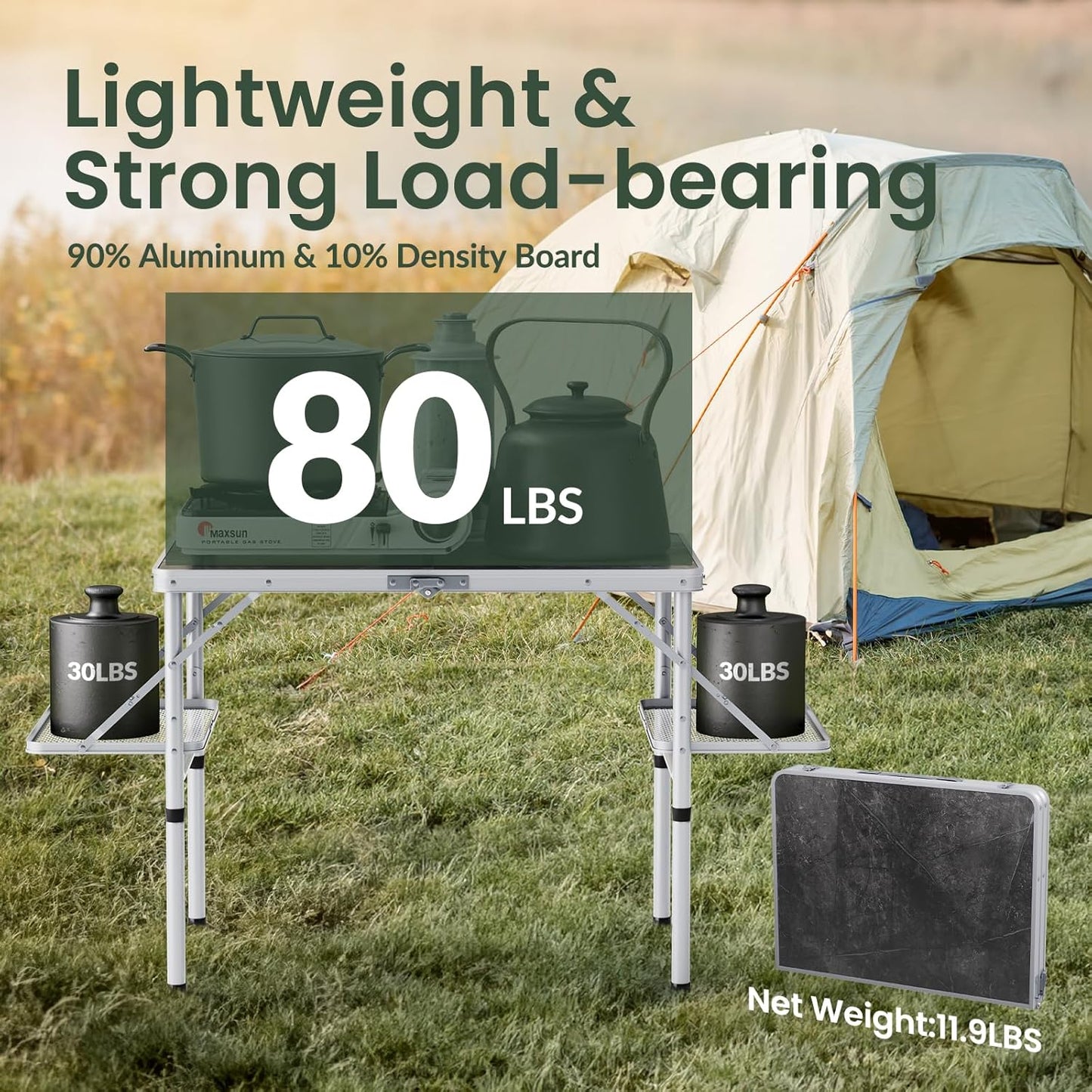 Titanker Folding Camping Table 3ft, Folding Picnic Table, Camp Tables Portable Foldable, 50% Extra Side Space, Outdoor Patio Table, Camping Essentials, Aluminum Light Solid, Silver