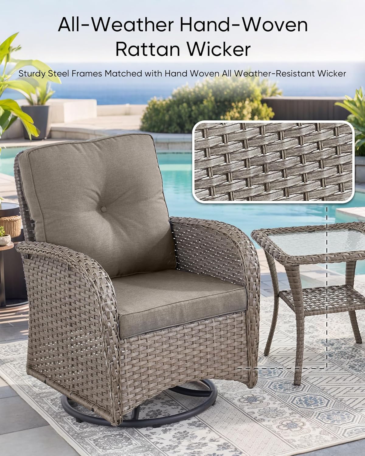 HUMMUH 3 Piece Outdoor Rocking Chairs Bistro Set-All Weather Wicker Outdoor Swivel Chairs Set of 2 with Side Table Small Patio Furniture Set for Deck Lawn Porch Balcony Poolside-Grey/Grey