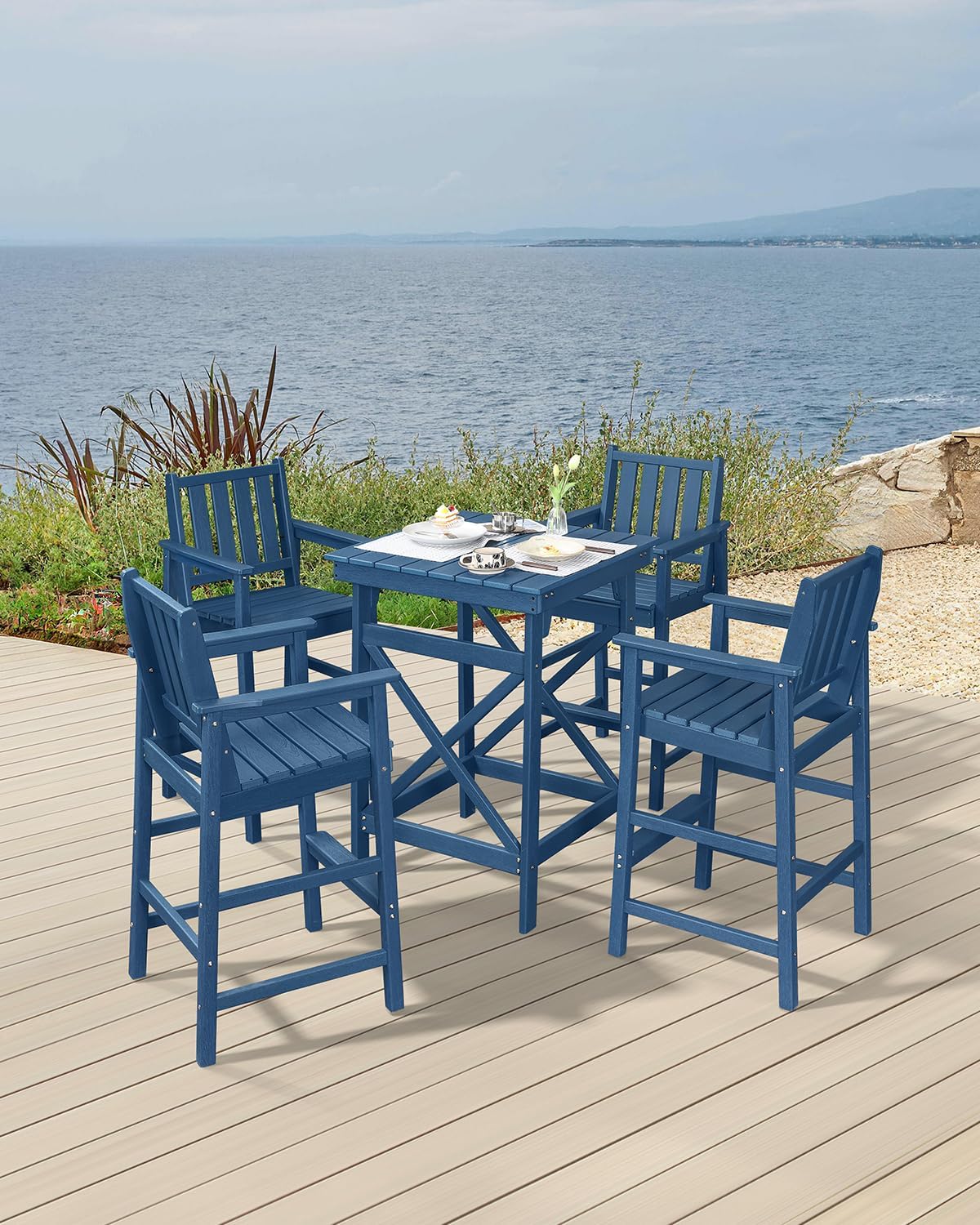 5 Pieces Adirondack Bar Chairs Set, HDPE Patio Bar Height Table and Chairs, Tall Adirondack Outdoor Bar Stools Set, HDPE Patio Bar Table Sets Furniture for Poolside, Balcony, Garden, Navy