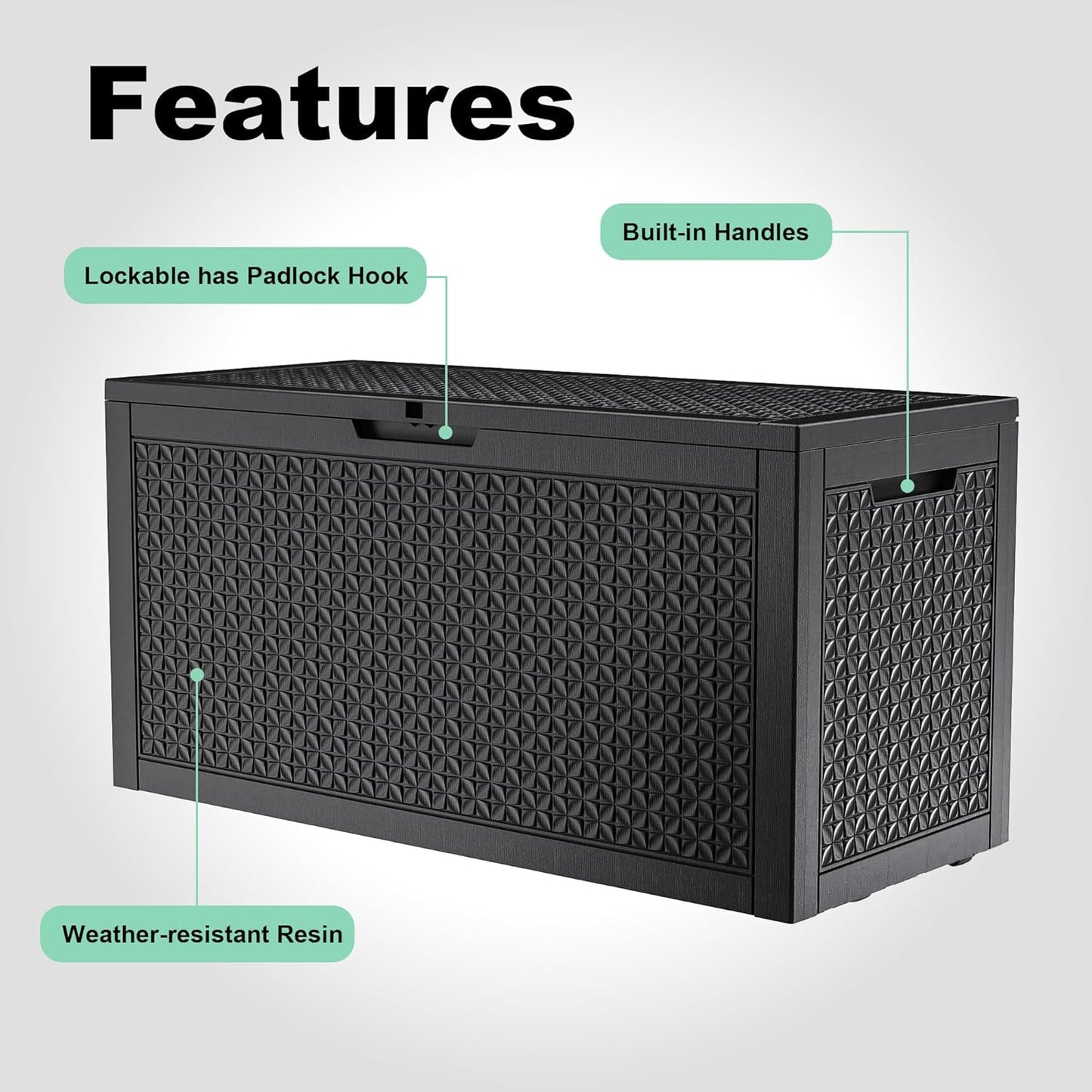 100 Gallon Resin Deck Box, Lockable Outdoor Storage Box for Patio Cushions Storage Furniture,Garden Tools, Pool Supplies, Weatherproof and UV Resistant（Black L）