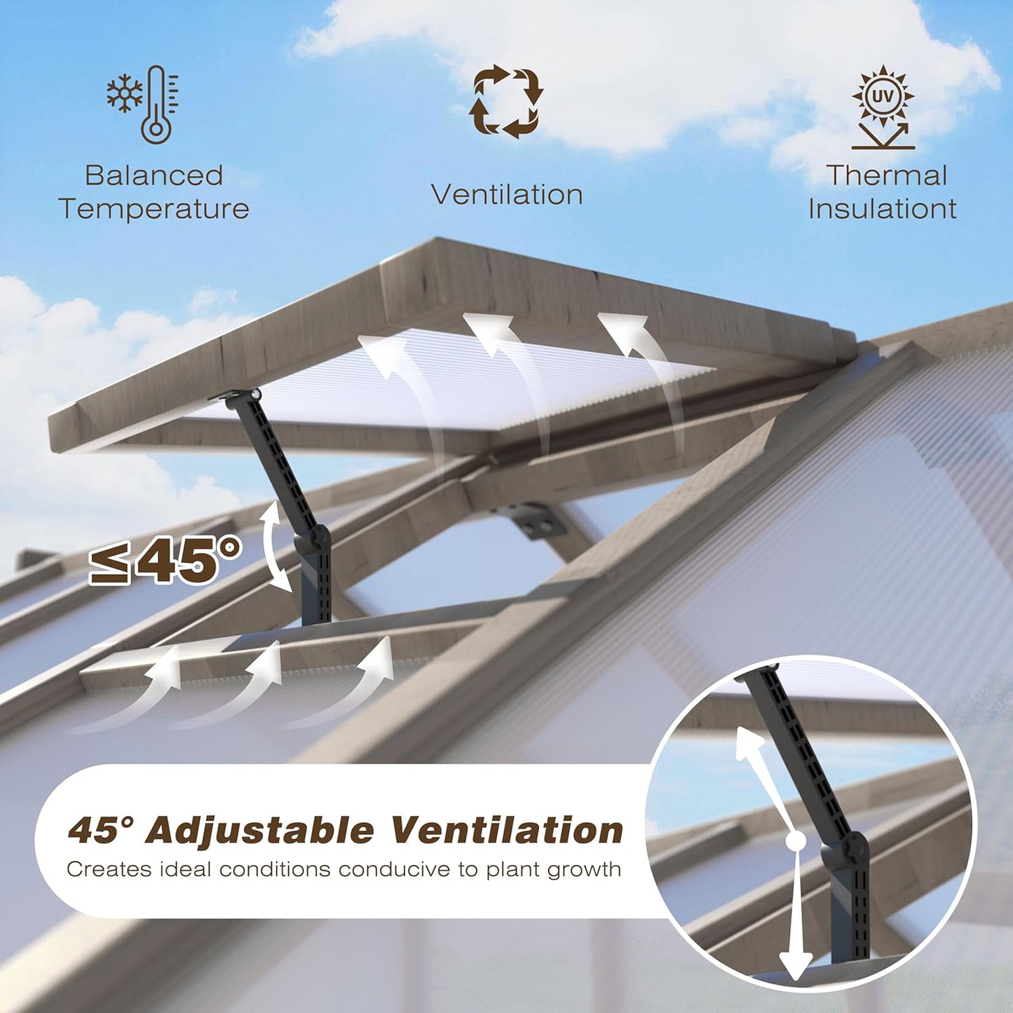 8x12 FT Greenhouse Kit with 6MM Thick Polycarbonate Panel for Outdoor, Wooden Walk-in Green House with Adjustable Roof Vent and Lockable Door, Backyard, Garden, Light Mocha Brown