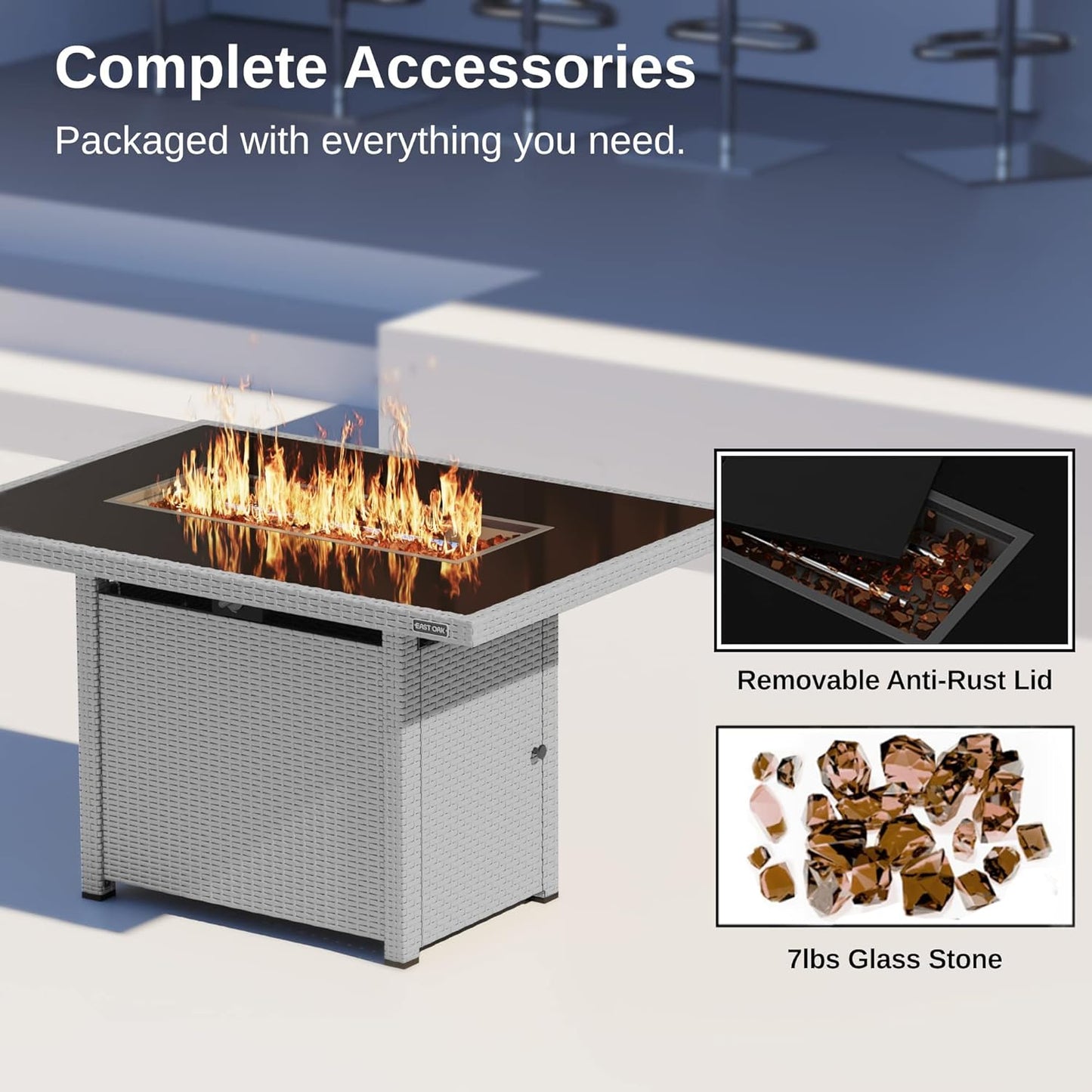 EAST OAK 44'' Propane Fire Pit Table, 60,000 BTU Gas Fire Table w/Aluminum Frame, H Type Burner and Tempered Glass Tabletop, CSA Listed Outdoor Patio Firepit, Fire Glass and Lid, Grey