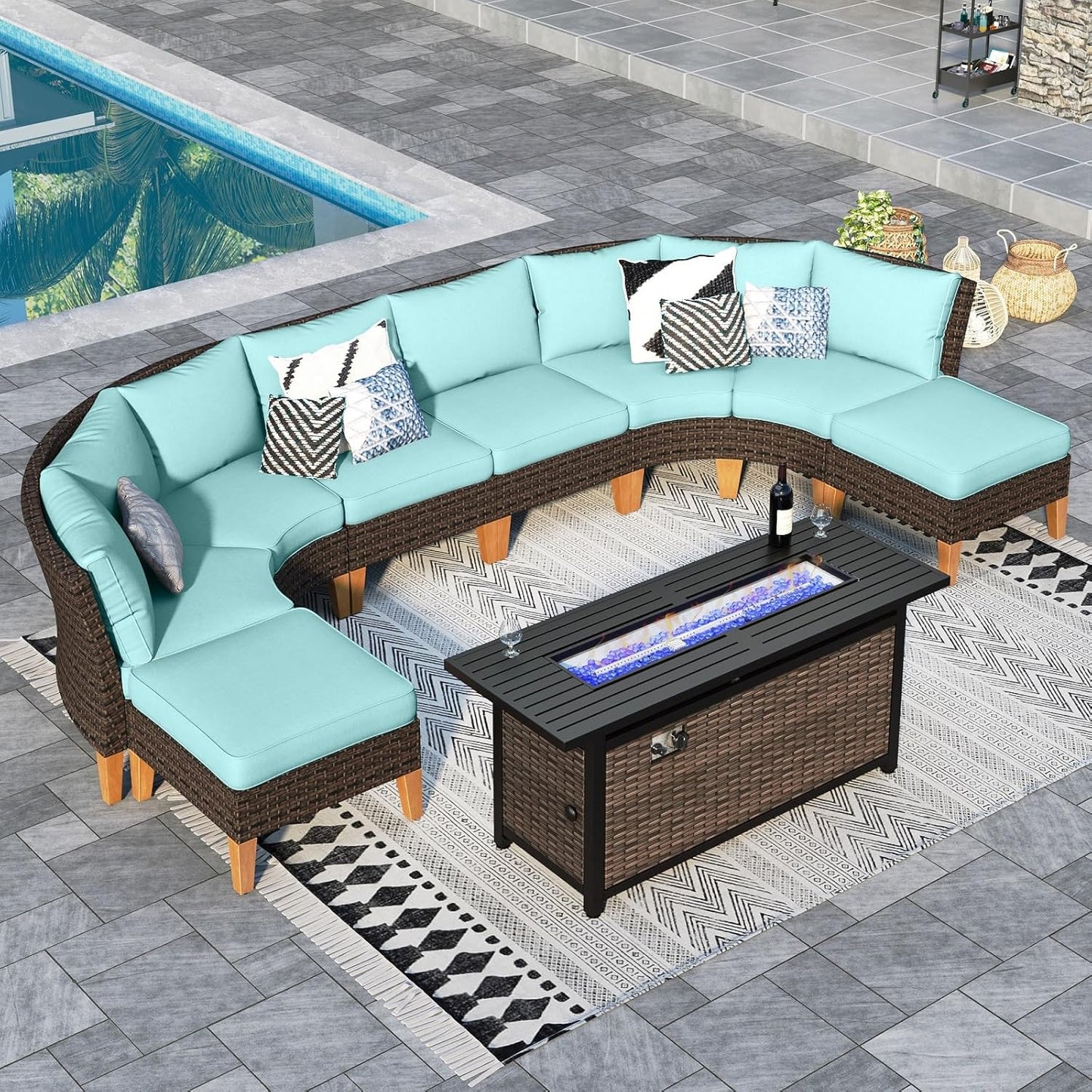 Sophia & William Patio Furniture Set with Fire Pit Table, 9 Piece Half Moon Outdoor Wicker Sectional Sofa Set, Rattan Conversation Set with 56-Inch Fire Pit Table for Backyard, Deck, Pool(Aqua Blue)