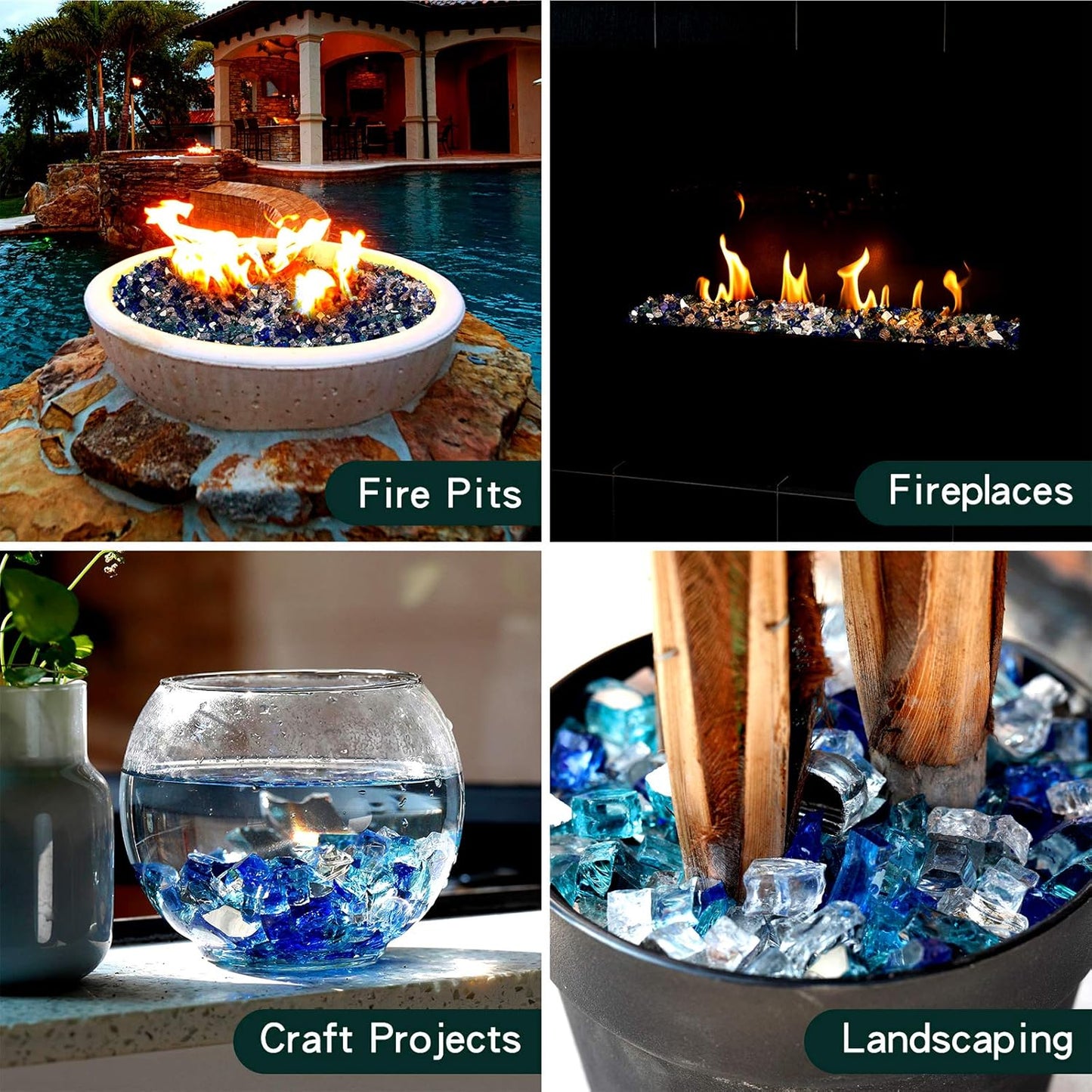 Mr. Fireglass 10 Pounds Blended Fire Glass - 1/2 Inch Mixed Colored High Luster Reflective Tempered Glass Rocks for Fireplace Fire Pit Table Fireplace and Landscaping, Aqua Blue+Cobalt Blue+Platinum